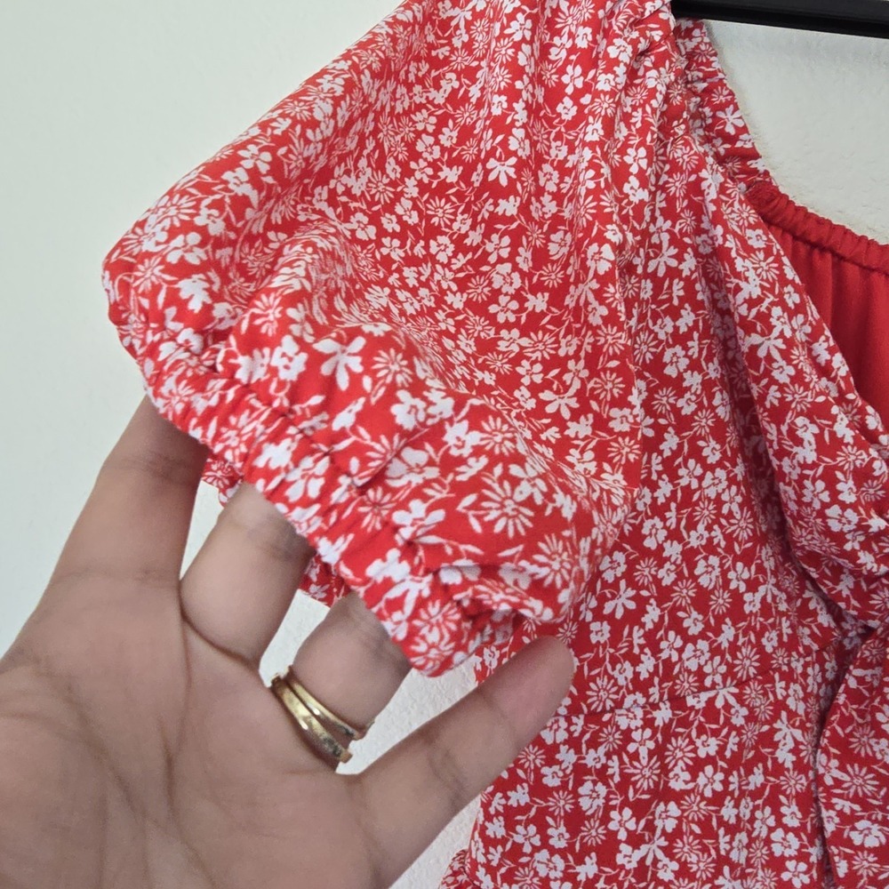 Lauren Conrad Women Sz S Peasant Mini Dress Ditsy Floral Tier Red Boho Tie Front - Picture 4 of 11